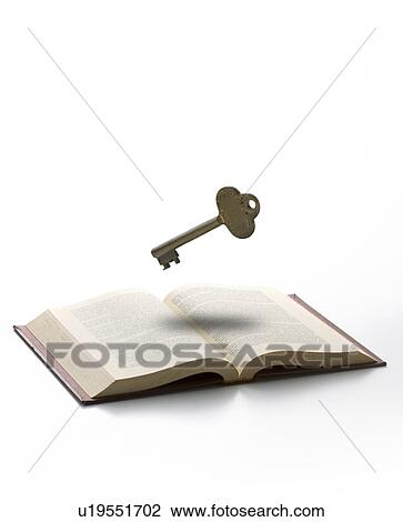 Stock Image - Key floating above an open book. Fotosearch