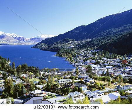 Stock Photo - Lake Wakatipu, Queenstown, South Island, New Zealand. Fotosearch
