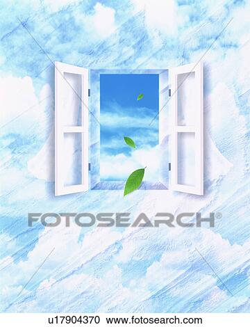Stock Image - Leaves flying in through a window. Fotosearch