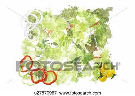Stock Photo - Lettuce, sliced capsicum, onion and yellow cherry tomatoes. Fotosearch