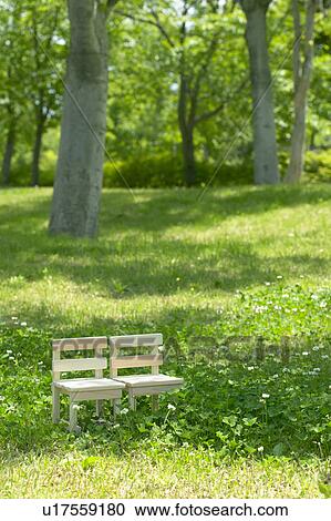 Stock Image - Miniature wooden chairs in a forest clearing. Fotosearch