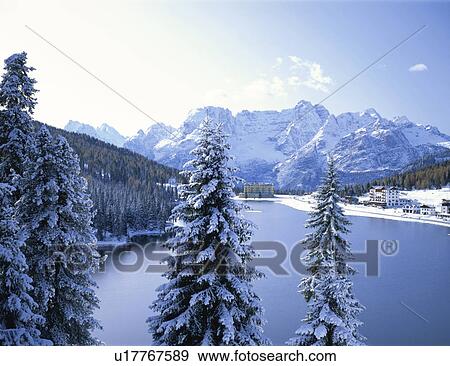 Misurina Lake in winter, Dolomites, Italy View Large Photo Image Stock Photo - Misurina Lake in winter, Dolomites, Italy. Fotosearch