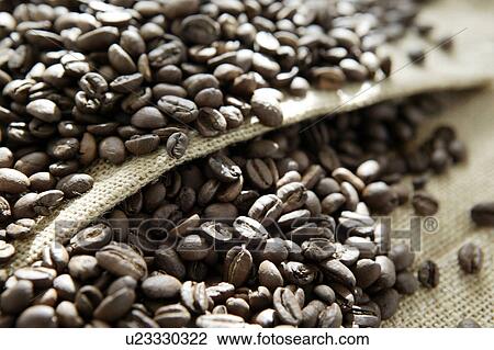 Stock Image - Mocha coffee beans in a hemp sack. Fotosearch
