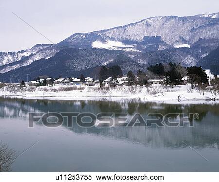 Stock Photography - Mogami river and Aizawa village. Yamagata Prefecture, Japan. Fotosearch