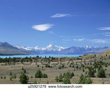 Stock Photo - Mount Cook and a Lake Pukaki. New Zealand. Fotosearch