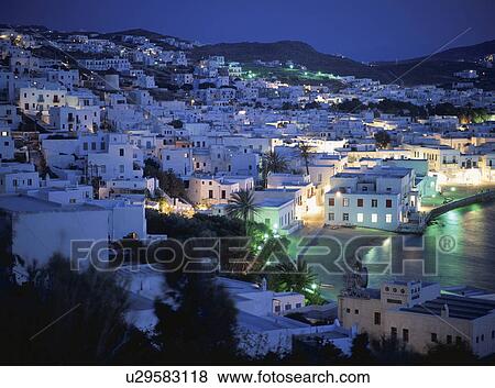 Stock Photo - Mykonos harbor at dusk, Mykonos, Greece. Fotosearch