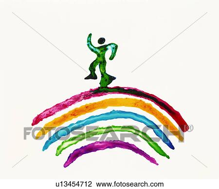 Stock Image - Painting of a person walking over a rainbow. Fotosearch