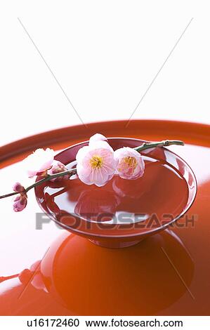 Stock Image - Plum blossoms on a sake cup. Fotosearch