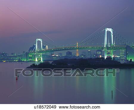 Stock Photo - Rainbow Bridge at sunset, Tokyo, Japan. Fotosearch