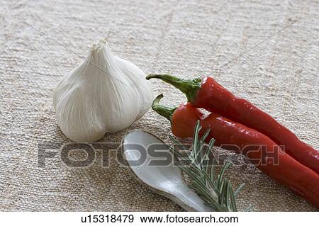Red peppers, garlic, rosemary and a small spoon View Large Photo Image Stock Photo - Red peppers, garlic, rosemary and a small spoon. Fotosearch