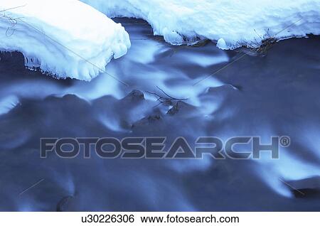 Stock Photograph - River flowing past snow on banks. Fotosearch