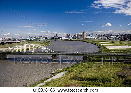 Stock Photograph - River in Arakawa, Itabashi-ku, Tokyo, Japan. Fotosearch