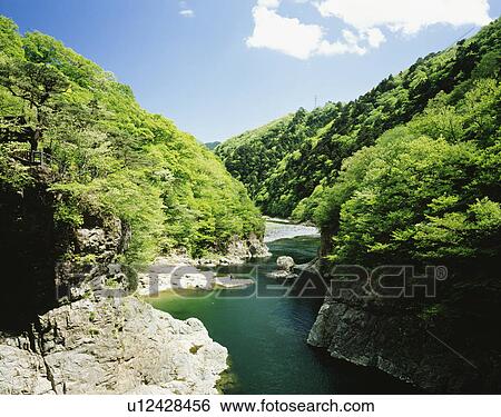 Stock Photograph - River, Kinugawa, Tochigi Prefecture, Japan. Fotosearch
