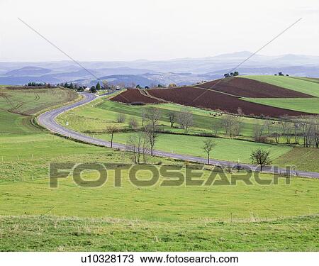 Stock Image - Road through farmland, Le Puy, Auvergne, France. Fotosearch