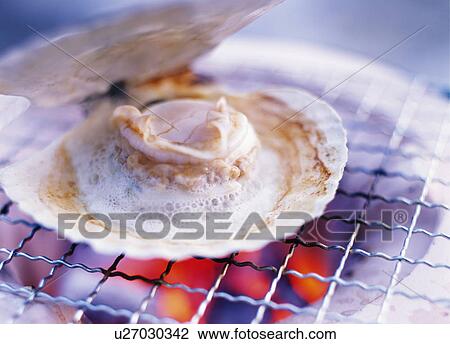 Stock Image - Scallop boiling over grill. Fotosearch