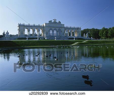 Stock Photo - Schonnbrunn Palace with lake in the foreground, Gloriette, Vienna, Austria. Fotosearch