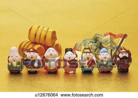 Picture - Seven Lucky Gods with folding fan. Fotosearch