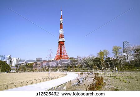 Stock Image - Shiba Park and Tokyo Tower, Minato Ward, Tokyo, Japan. Fotosearch
