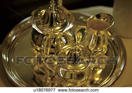 Stock Photo - Silver tea set on tray. Fotosearch