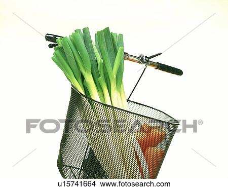 Picture - Spring onions and carrots in a bicycle basket. Fotosearch