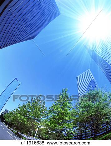 Stock Photo - Sun shining over skyscrapers. Fotosearch