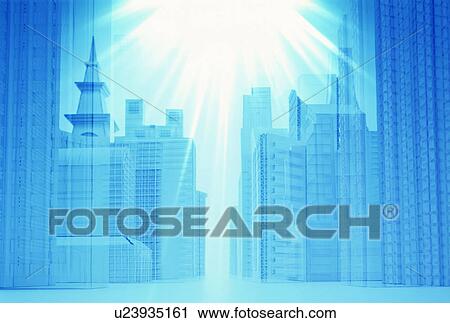 Stock Image - Sunlight shining on a model city. Fotosearch