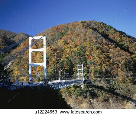 Stock Image - Suspension bridge, Kawamata, Ohashi, Tochigi Prefecture, Japan. Fotosearch