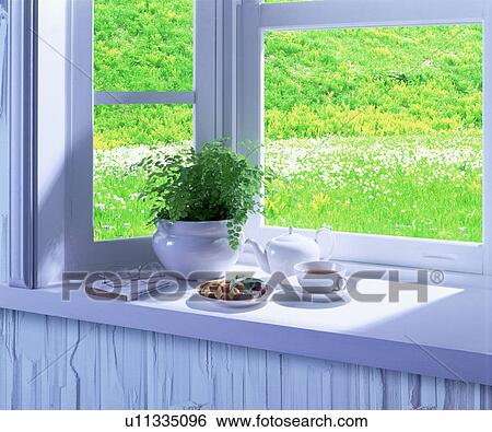 Tea set on a bay window View Large Photo Image Stock Photograph - Tea set on a bay window. Fotosearch