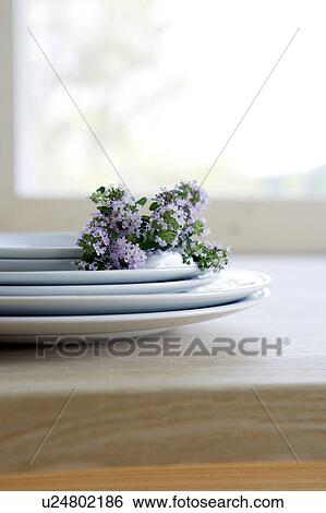 Stock Photograph - Thyme flowers on a stack of plates. Fotosearch