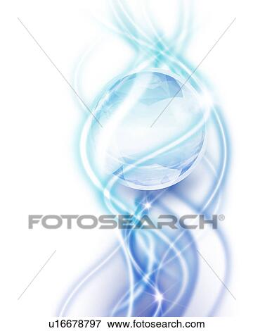 Stock Photo - Wavy beams of light circling a blue sphere. Fotosearch