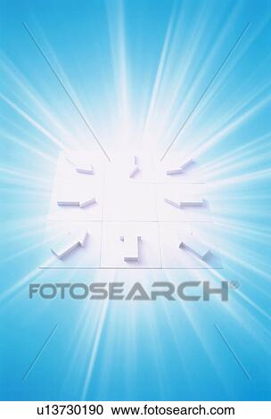 Stock Image - White square panel with arrows and a burst of light. Fotosearch