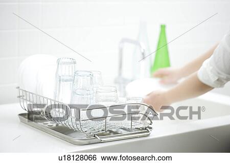 Stock Photograph - Woman washing dishes. Fotosearch