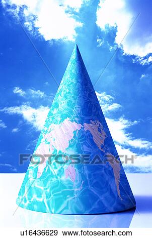 Stock Photo - World map on a cone with blue sky in the background. Fotosearch