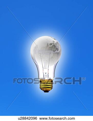 Stock Photograph - World map on light bulb with blue background. Fotosearch