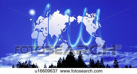 Stock Photo - World map surrounded by a swirl of light over a forest. Fotosearch