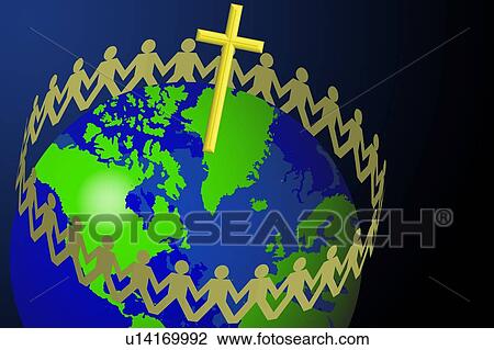 Stock Image - Paper men circling around the globe. Fotosearch