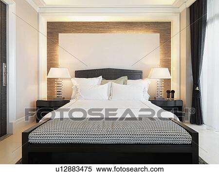 Balanced bedroom with black and white bench View Large Photo Image Stock Photography - Balanced bedroom with black and white bench. Fotosearch