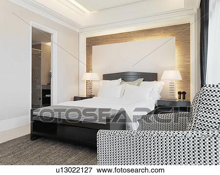 Stock Photo - Black and white furniture in modern bedroom. Fotosearch