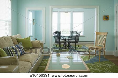 Blue and green living room with dining nook View Large Photo Image Stock Image - Blue and green living room with dining nook. Fotosearch