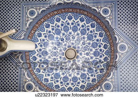 Blue and red geometric patterned bathroom sink View Large Photo Image Stock Photo - Blue and red geometric patterned bathroom sink. Fotosearch