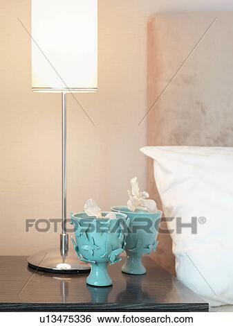 Blue candle holders on nightstand View Large Photo Image Stock Photograph - Blue candle holders on nightstand. Fotosearch