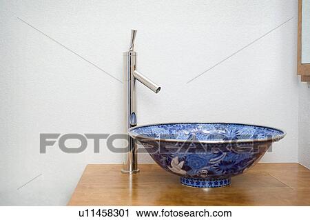 Blue designed porcelain bowl sink View Large Photo Image Stock Image - Blue designed porcelain bowl sink. Fotosearch