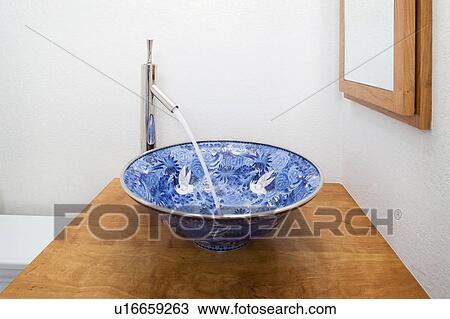 Blue designed porcelain bowl sink View Large Photo Image Stock Image - Blue designed porcelain bowl sink. Fotosearch