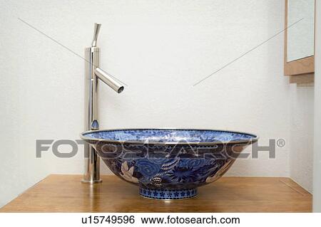 Blue designed porcelain bowl sink View Large Photo Image Stock Photograph - Blue designed porcelain bowl sink. Fotosearch
