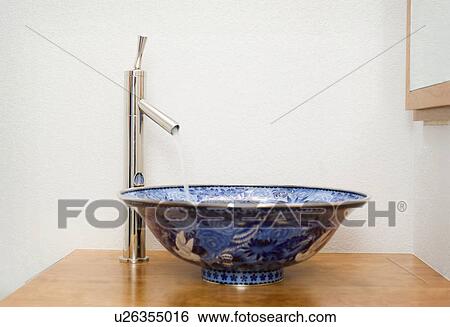 Blue designed porcelain bowl sink View Large Photo Image Stock Photograph - Blue designed porcelain bowl sink. Fotosearch