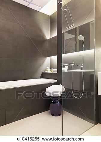 Stock Photography - Brown and white modern bathroom. Fotosearch