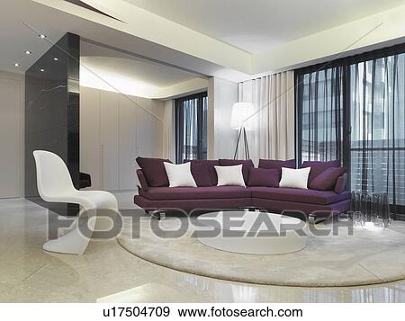 Stock Photo - Burgundy colored sofa in contemporary living room. Fotosearch