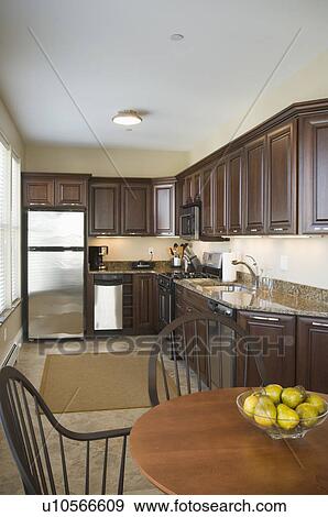Contemporary kitchen with dark colored cabinets View Large Photo Image Stock Photo - Contemporary kitchen with dark colored cabinets. Fotosearch