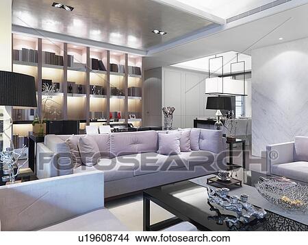 Contemporary living room with lavender colored sofa View Large Photo Image Picture - Contemporary living room with lavender colored sofa. Fotosearch