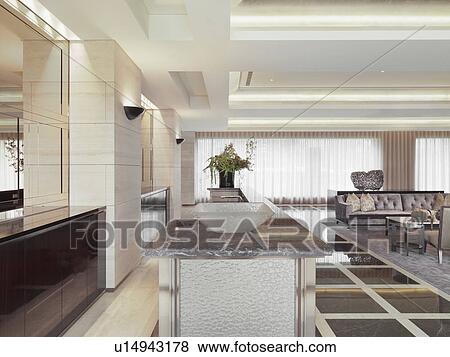 Countertop in lobby with recessed lights View Large Photo Image Stock Photo - Countertop in lobby with recessed lights. Fotosearch